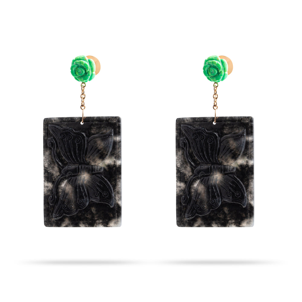 BLACK JADE AND MALACHITE EARRINGS IN  YELLOW GOLD 18K