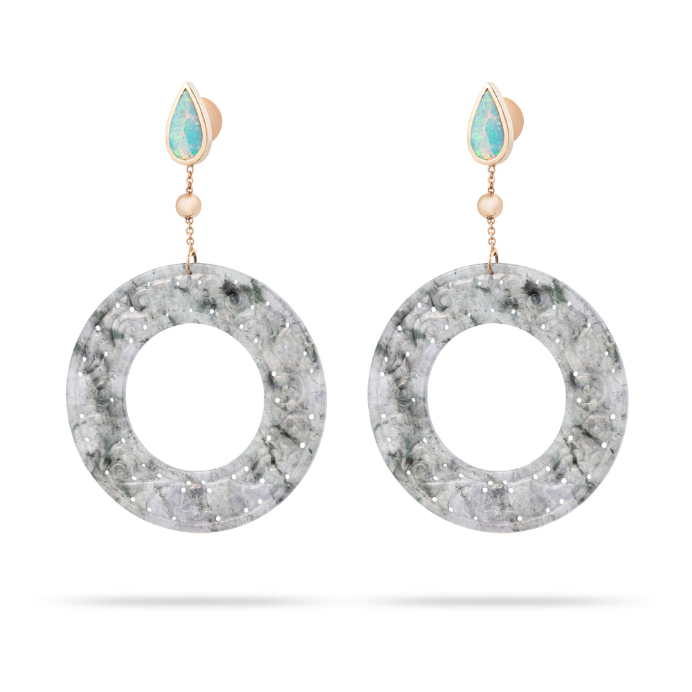 GREY JADE DONUT AND OPAL EARRINGS IN ROSE GOLD 18K