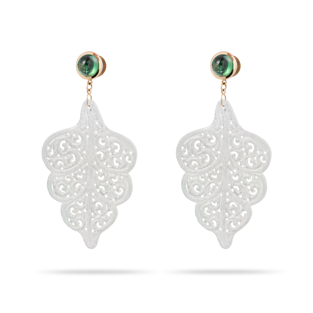 JADE LEAF AND TOURMALINE EARRINGS IN YELLOW GOLD 18K