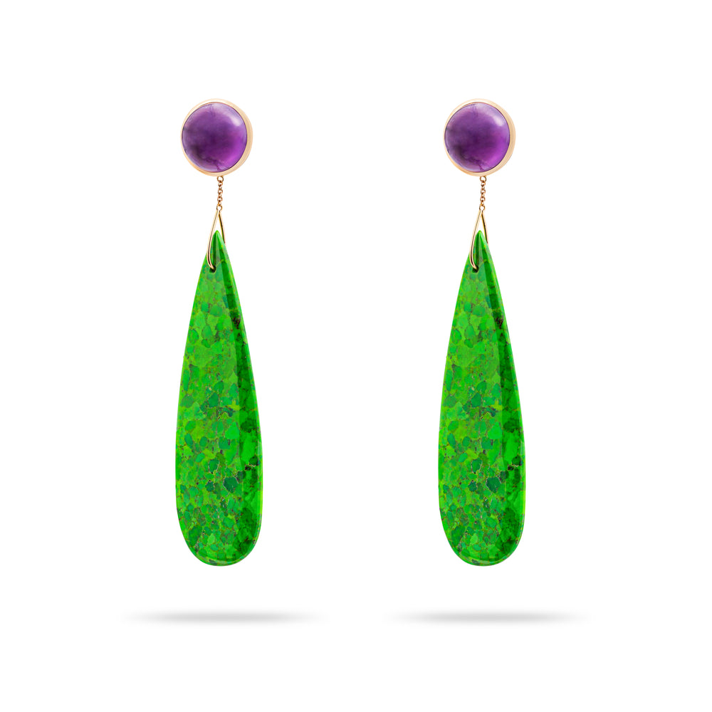 AMETHYST AND GREEN TURQUOISE EARRINGS IN YELLOW GOLD 18K