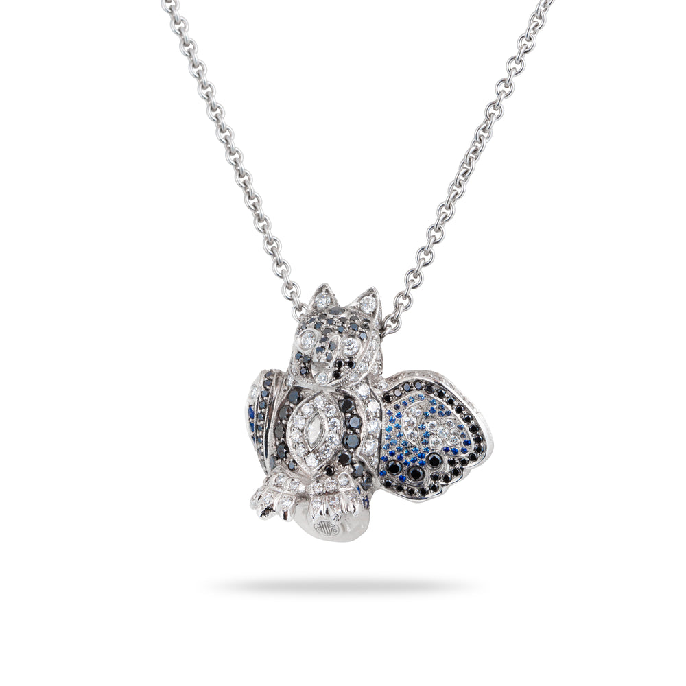 SAPPHIRE AND DIAMOND OWL PENDANT IN WHITE GOLD 18K