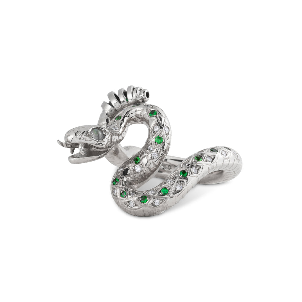 TSAVORITES AND CHRYSOBERYL SNAKE RING IN WHITE GOLD 18K