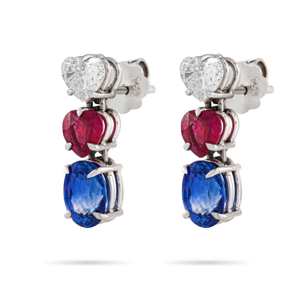 RUBY, SAPPHIRE & DIAMOND EARRINGS IN WHITE GOLD 18K