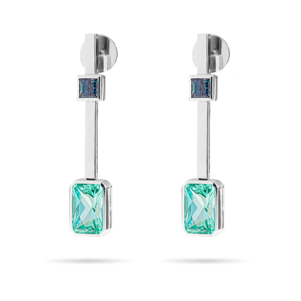 ALLEXANDRITE AND TOURMALINE DROP EARRINGS IN WHITE GOLD 18K