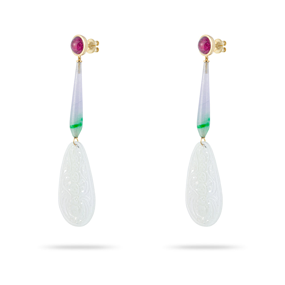 WHITE, GREEN & VIOLET JADE AND RUBELLITE CABOCHON EARRINGS