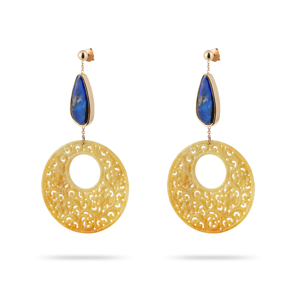 HONEY JADE AND BLUE OPAL EARRINGS IN YELLOW GOLD 18K