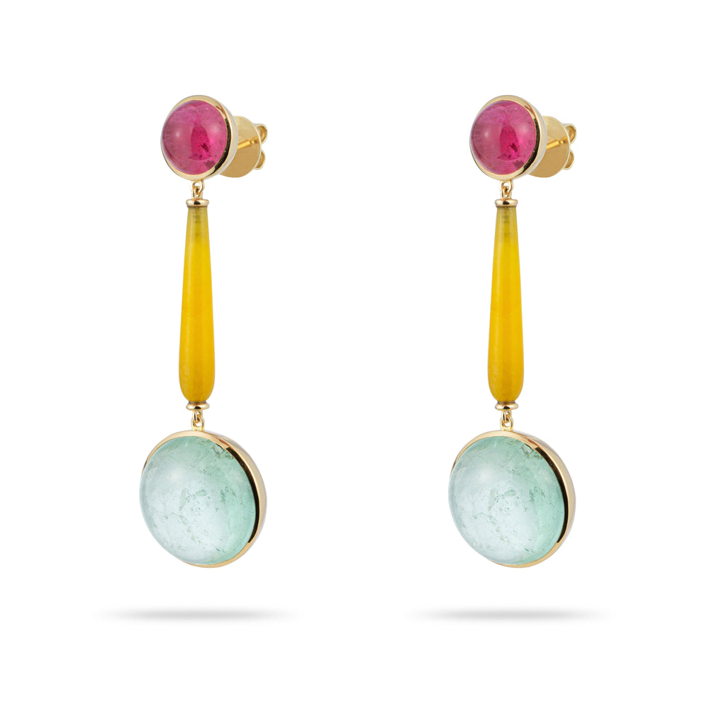 JADE, PINK AND BLUE TOURMALINE EARRINGS IN YELLOW GOLD 18K