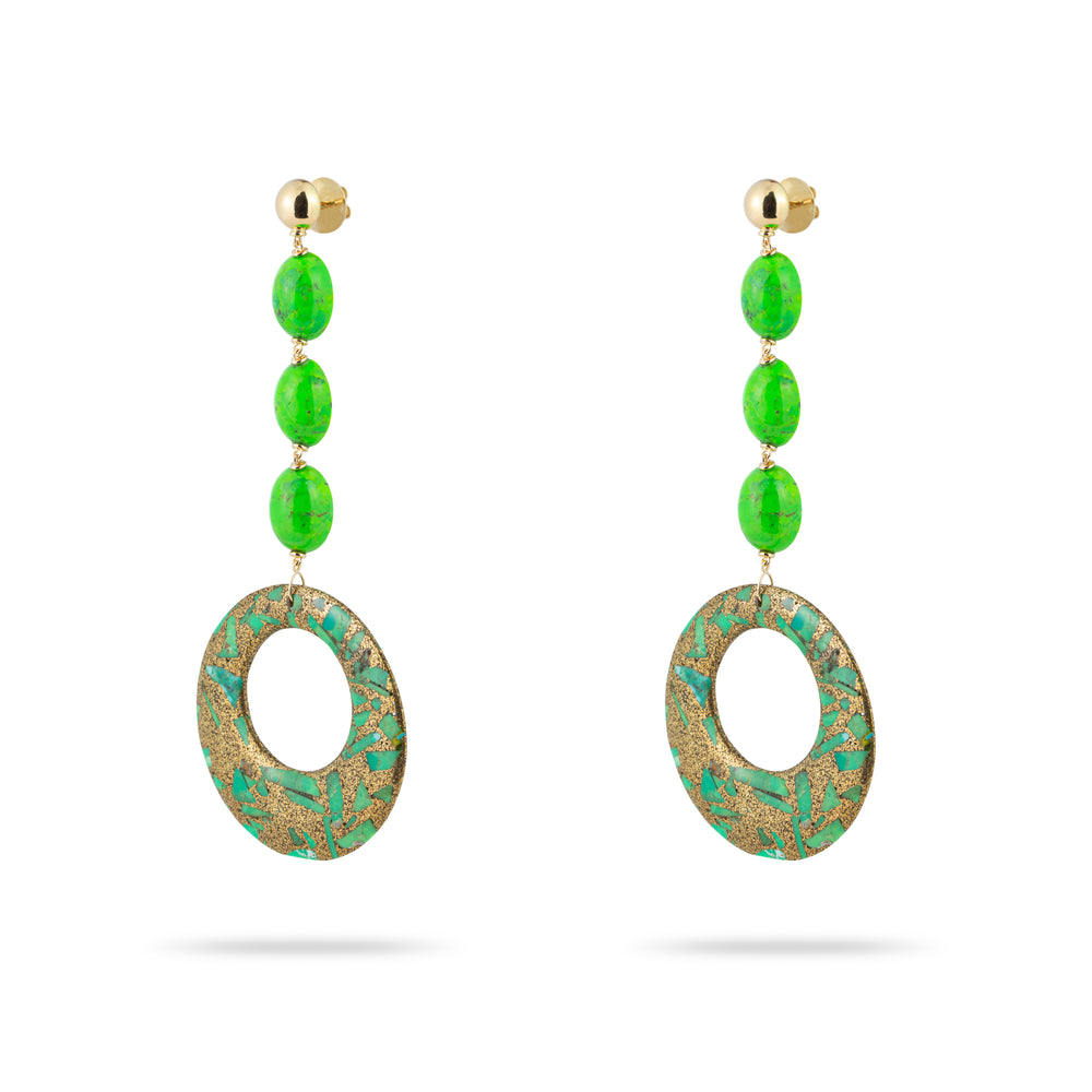 MALACHITE CREOLE AND GREEN TURQUOISE EARRINGS IN YELLOW GOLD 18K