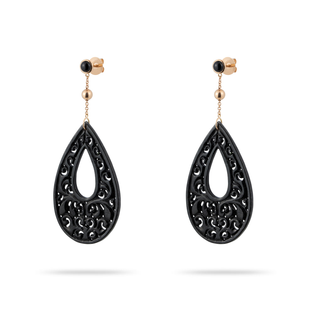 BLACK JADE AND ONYX CABOCHON EARRINGS IN YELLOW GOLD 18K