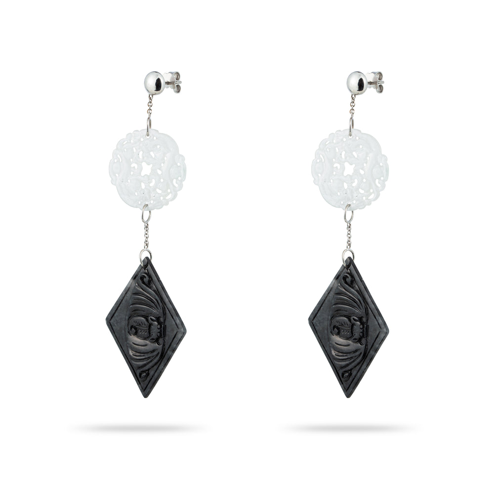 BLACK AND WHITE JADE EARRINGS IN WHITE GOLD 18K