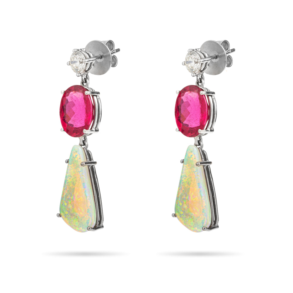 OPAL RUBELLITE AND DIAMOND EARRINGS IN WHITE GOLD 18K