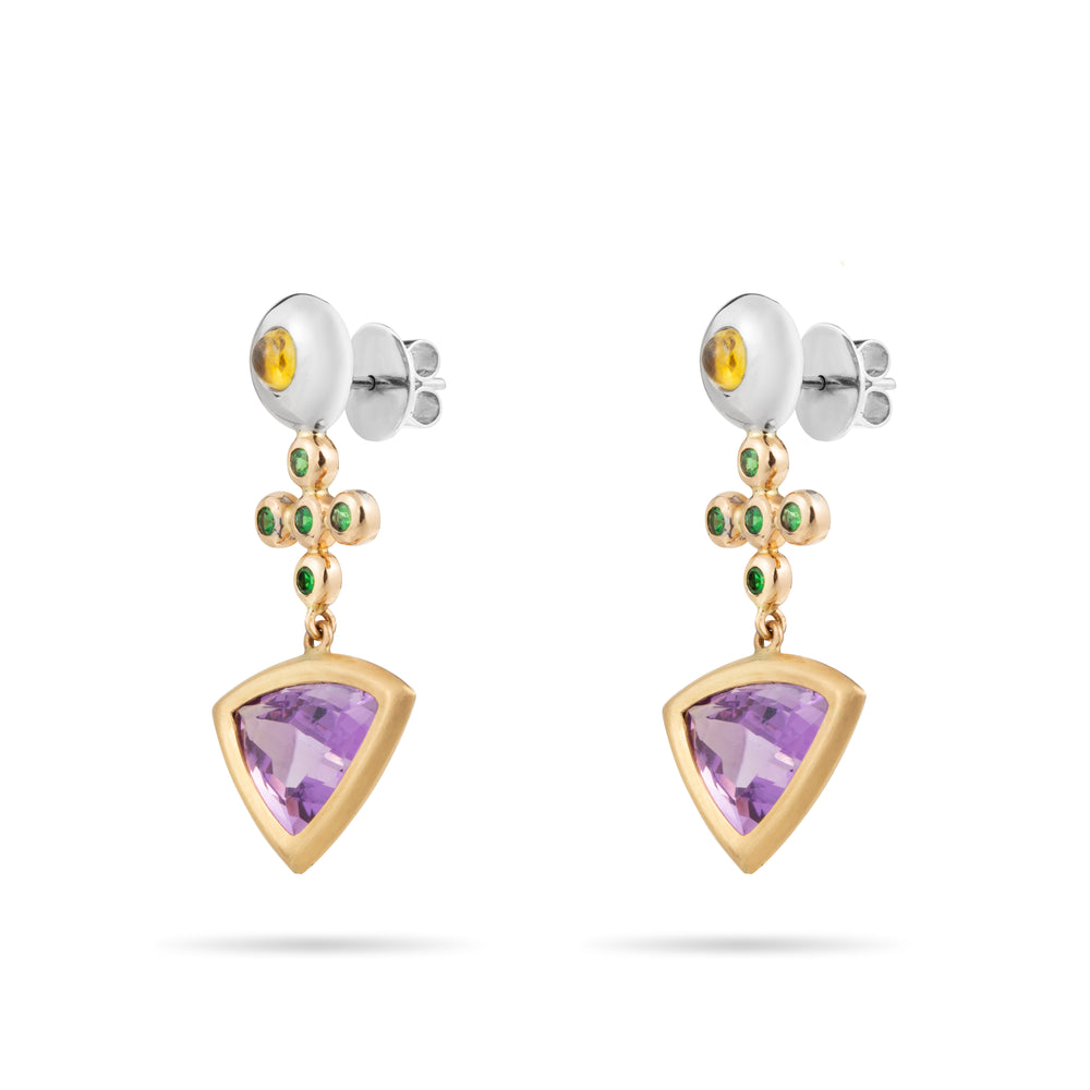 AMETHYST, TSAVORITE AND YELLOW SAPPHIRE COCKTAIL EARRINGS