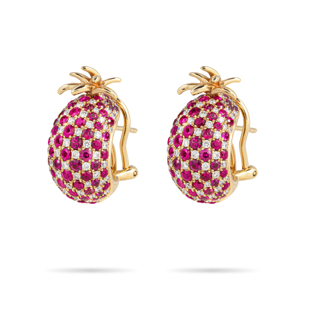 RUBY & DIAMOND PINEAPPLE EARRINGS IN YELLOW GOLD 18K