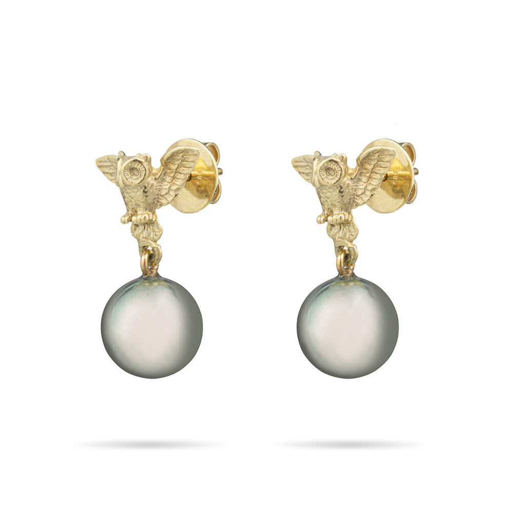 TAHITI PEARL OWL STUD EARRINGS IN YELLOW GOLD 18K