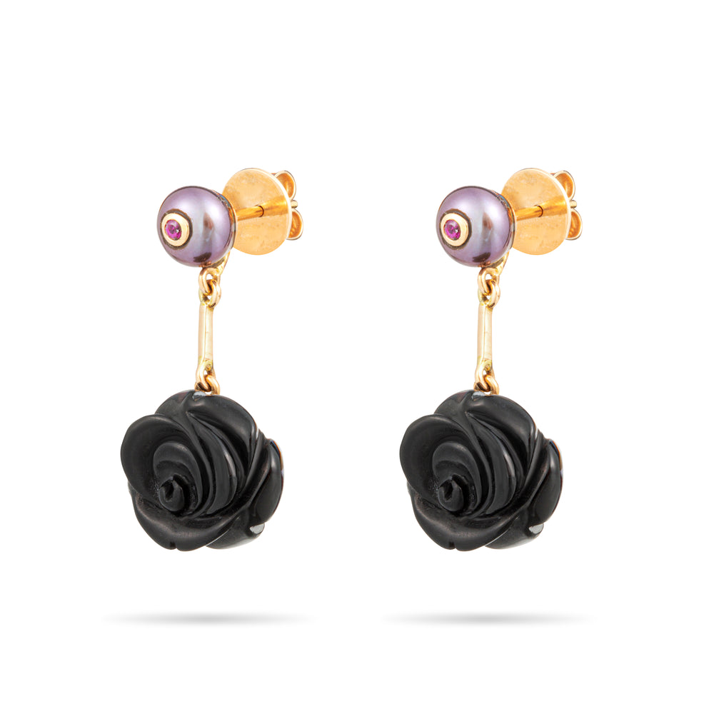 ONYX, RUBY AND PEARL ROSE DROP EARRINGS IN YELLOW GOLD 18K