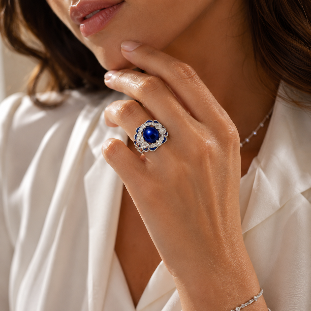 Bague Fleur Royale Saphir Bleu & Pavage de Zircons – Argent 925 Rhodié 2