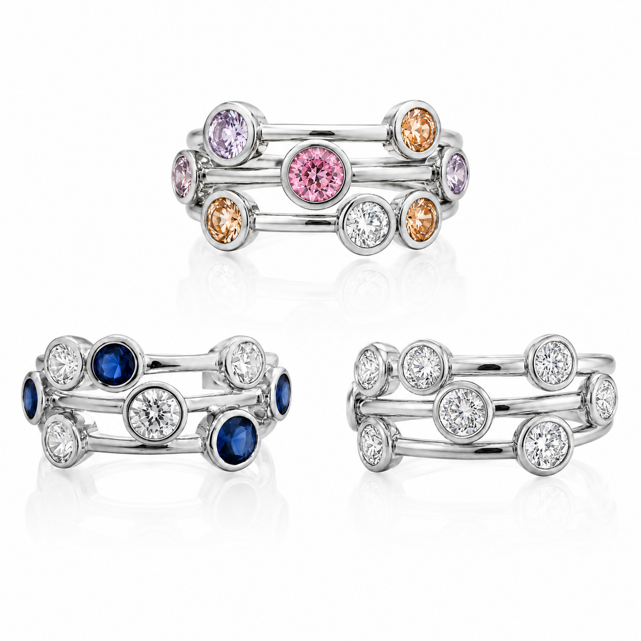 Bague Triple Rang Argent & Cristaux Colorés – Élégance Riviera