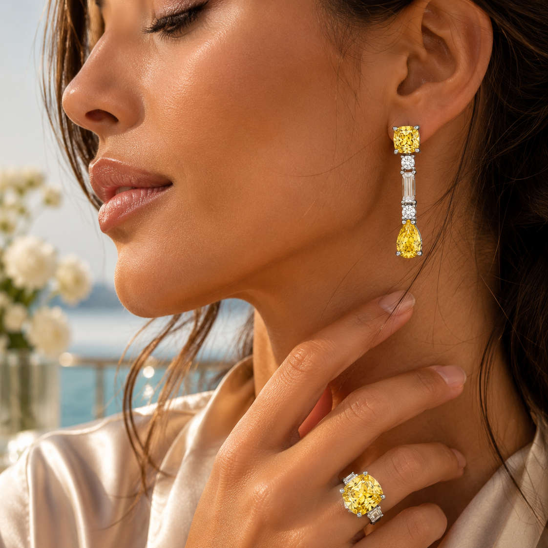 Boucles d'Oreilles Cascade Citrine & Zircons – Élégance Lumineuse 2