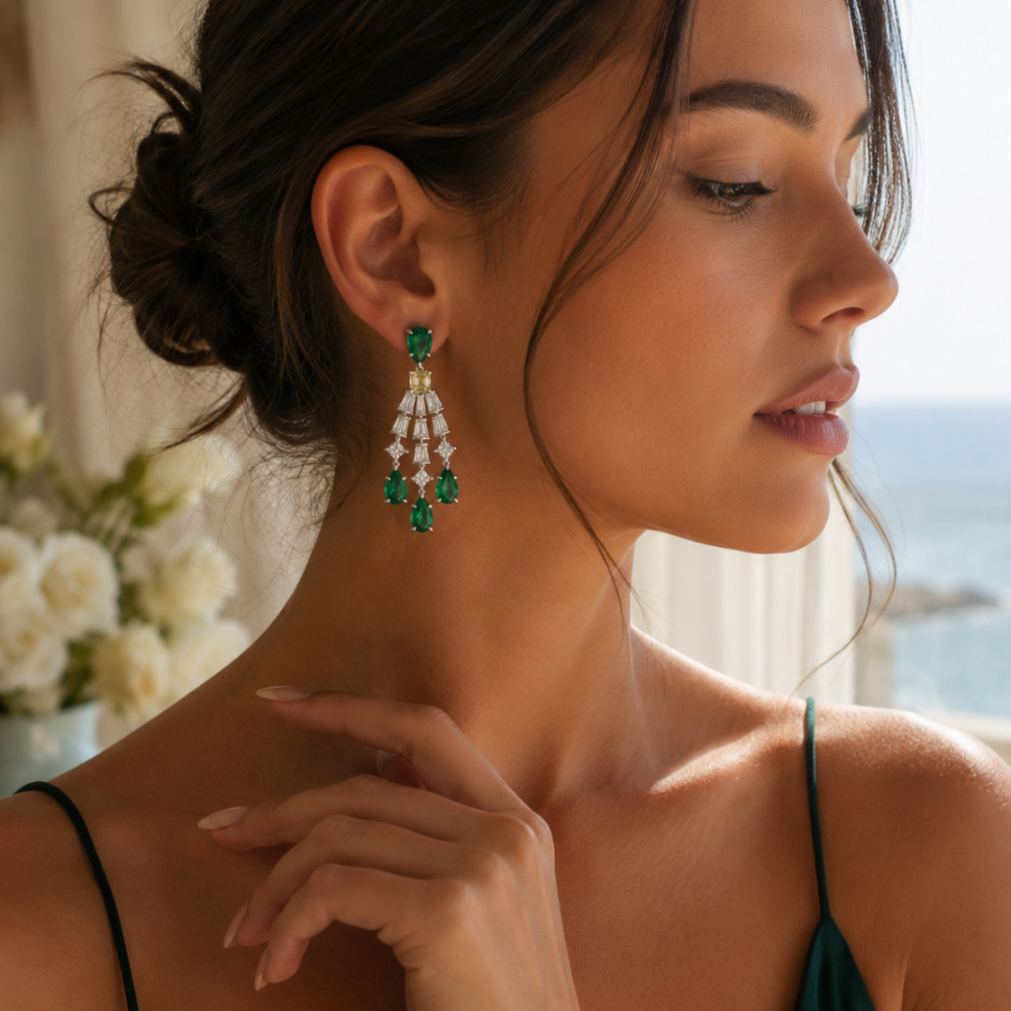 Boucles d'Oreilles Cascade Émeraude & Zircons – Élégance Haute Joaillerie 2