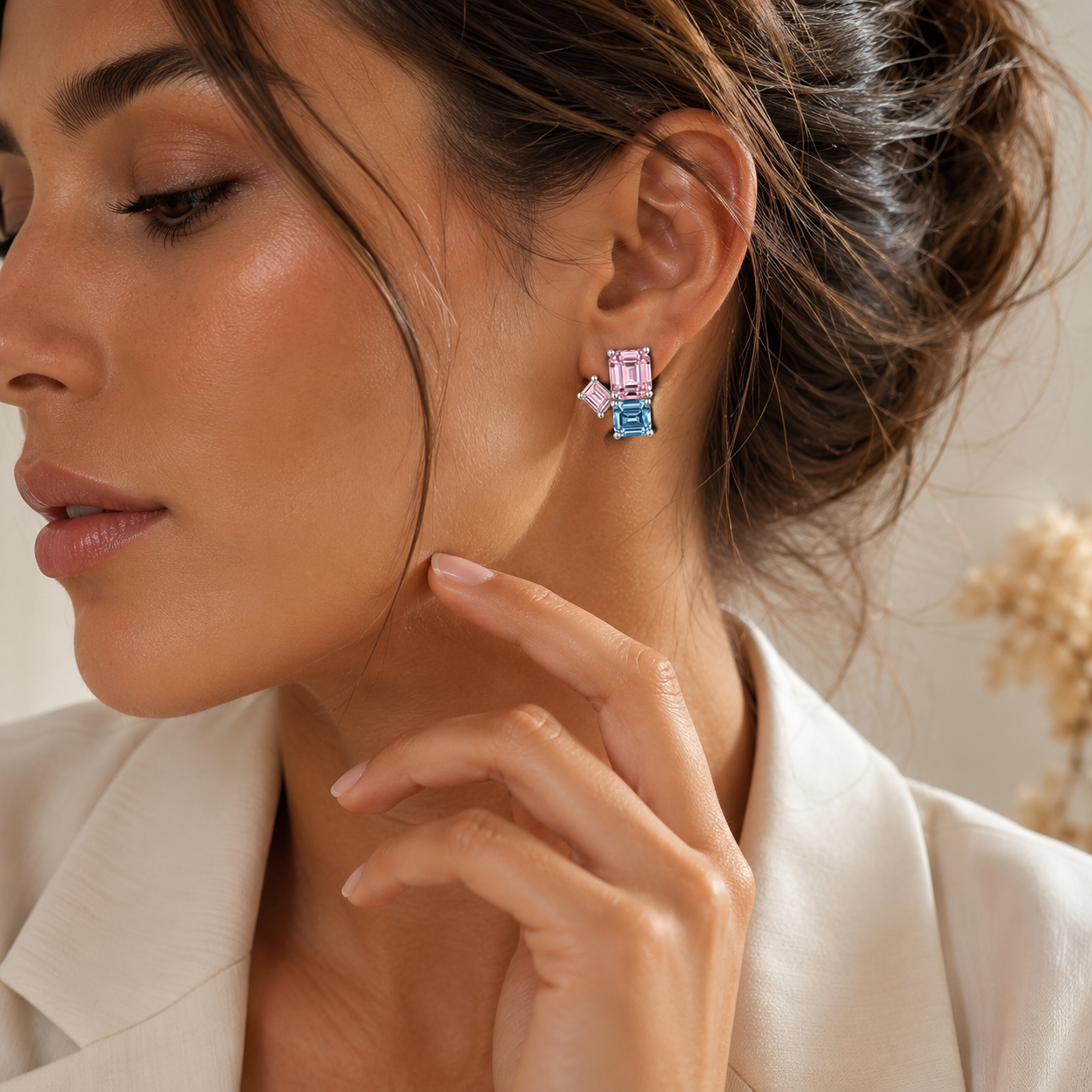 Boucles d'Oreilles Géométriques Multicolores – Cristaux Taille Émeraude
