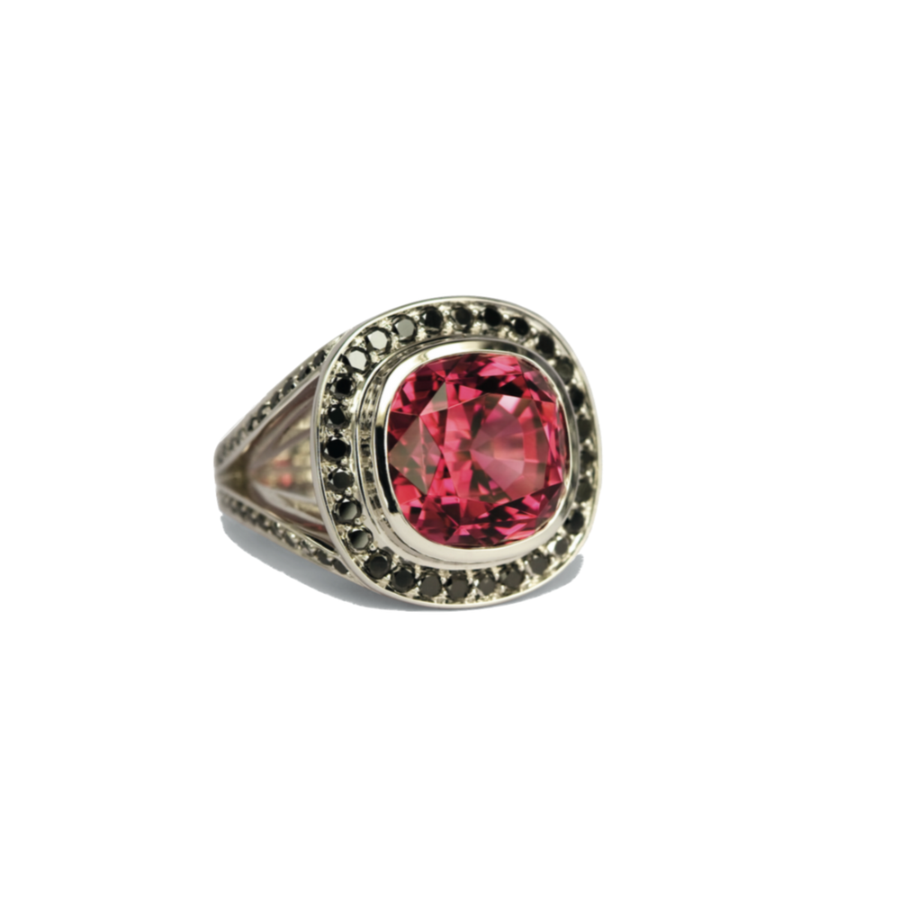 ROSE TOURMALINE RING WITH BLACK DIAMONDS IN WHITE GOLD 18K