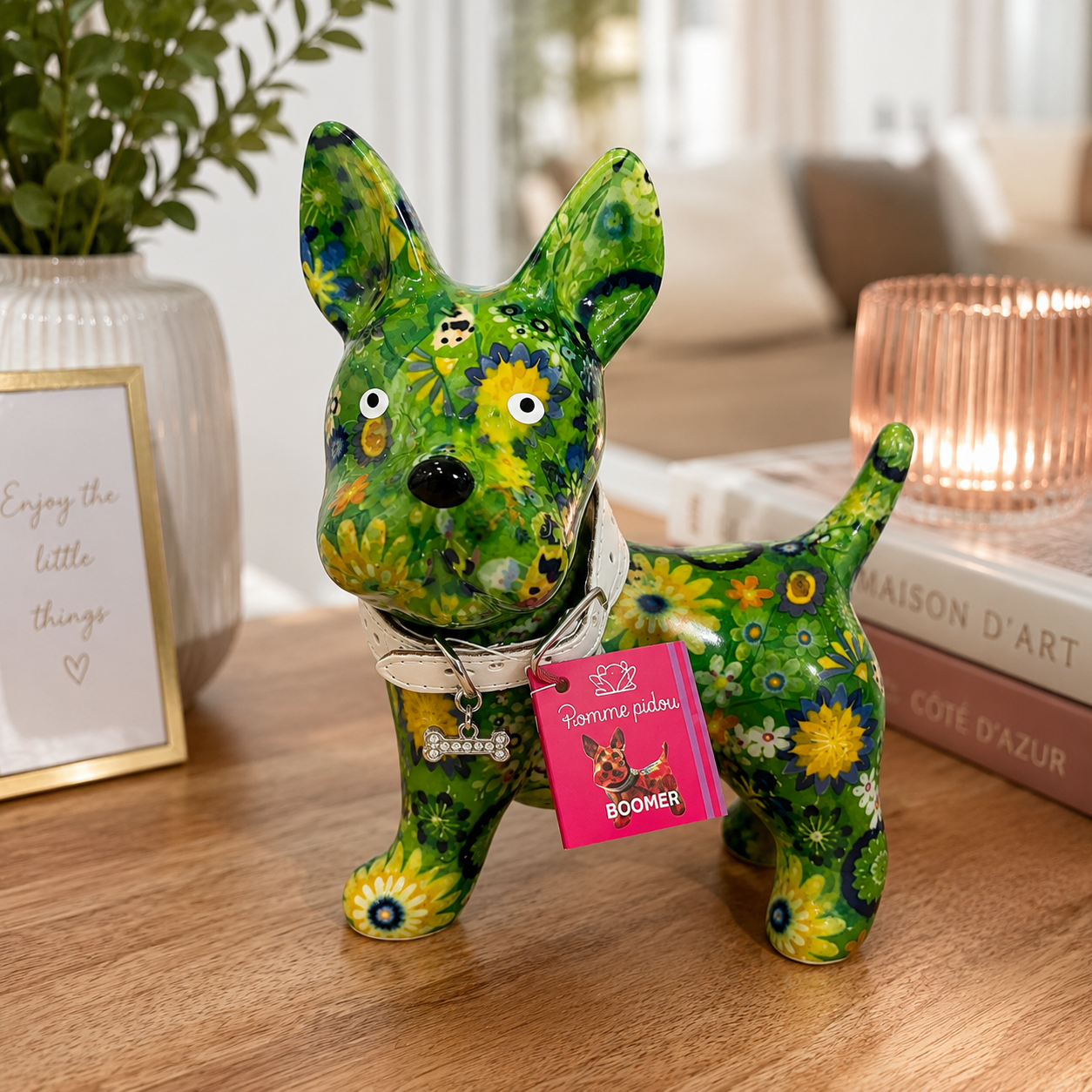 Tirelire Chien en Céramique Premium Verte Fleurie Pomme Pidou ® lifestyle