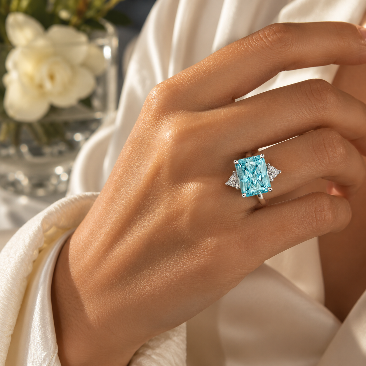 
Bague Royale Ice Cut Aigue-Marine 14,53 ct & Moissanites – Argent 925 Rhodié

