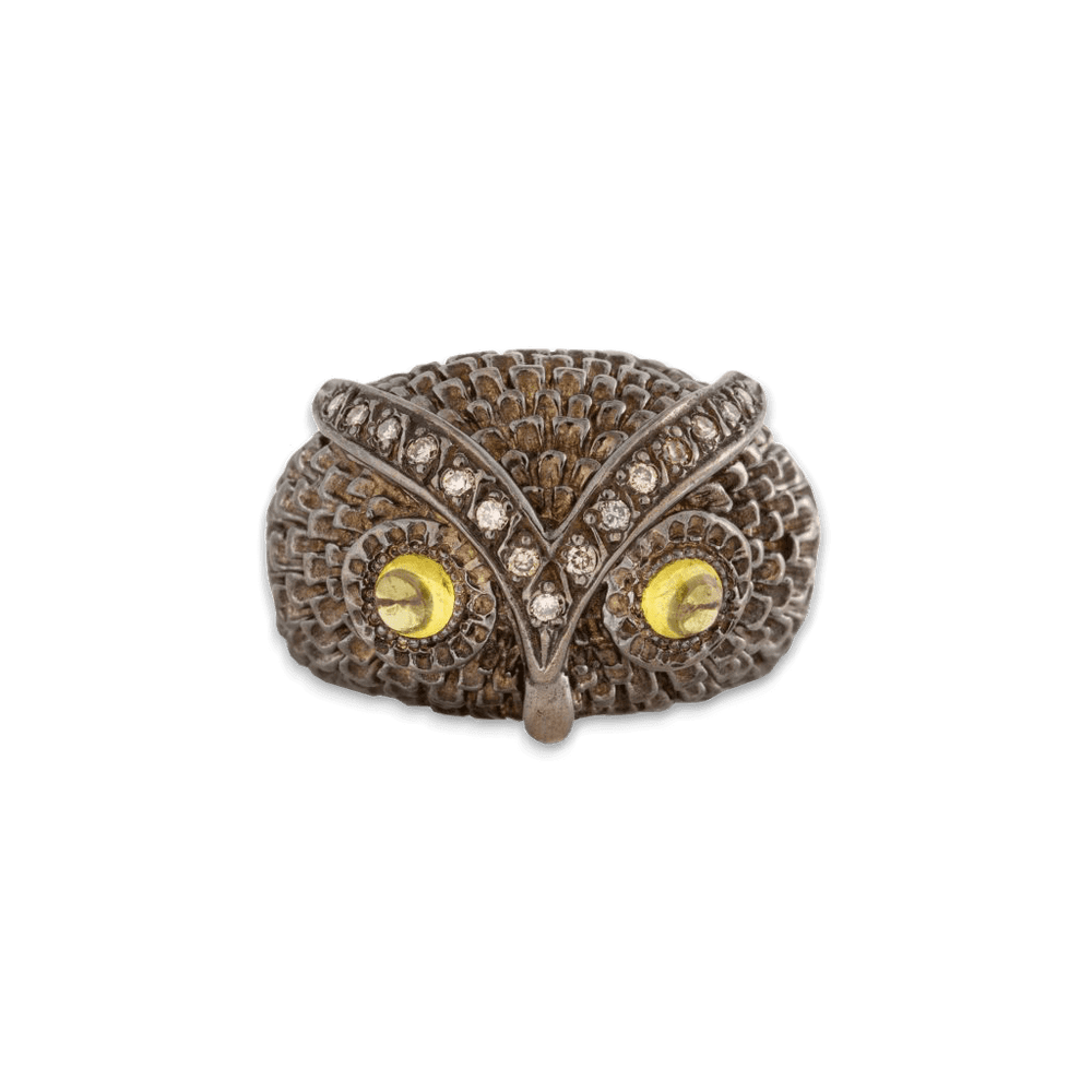 SILVER, DIAMOND & CITRINE CABOCHON OWL RING