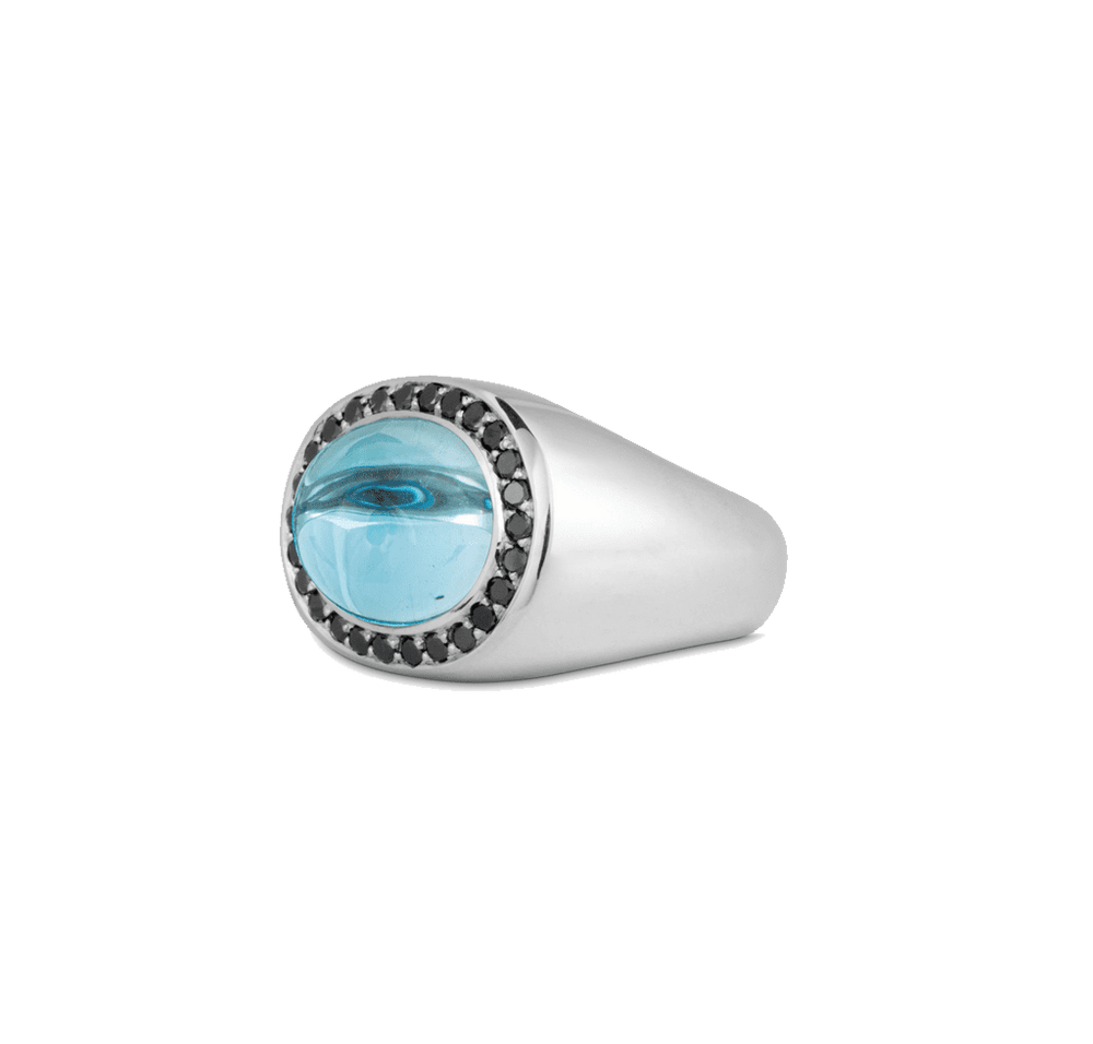 TOPAZ CABOCHON BLACK DIAMOND RING IN WHITE GOLD 18K